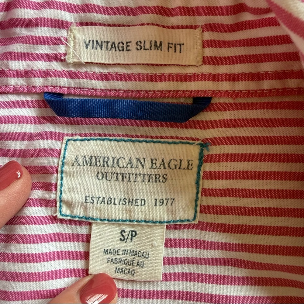 VTG American Eagle Y2K Preppy Pink Striped Button Down Shirt Old Money - Picture 5 of 9